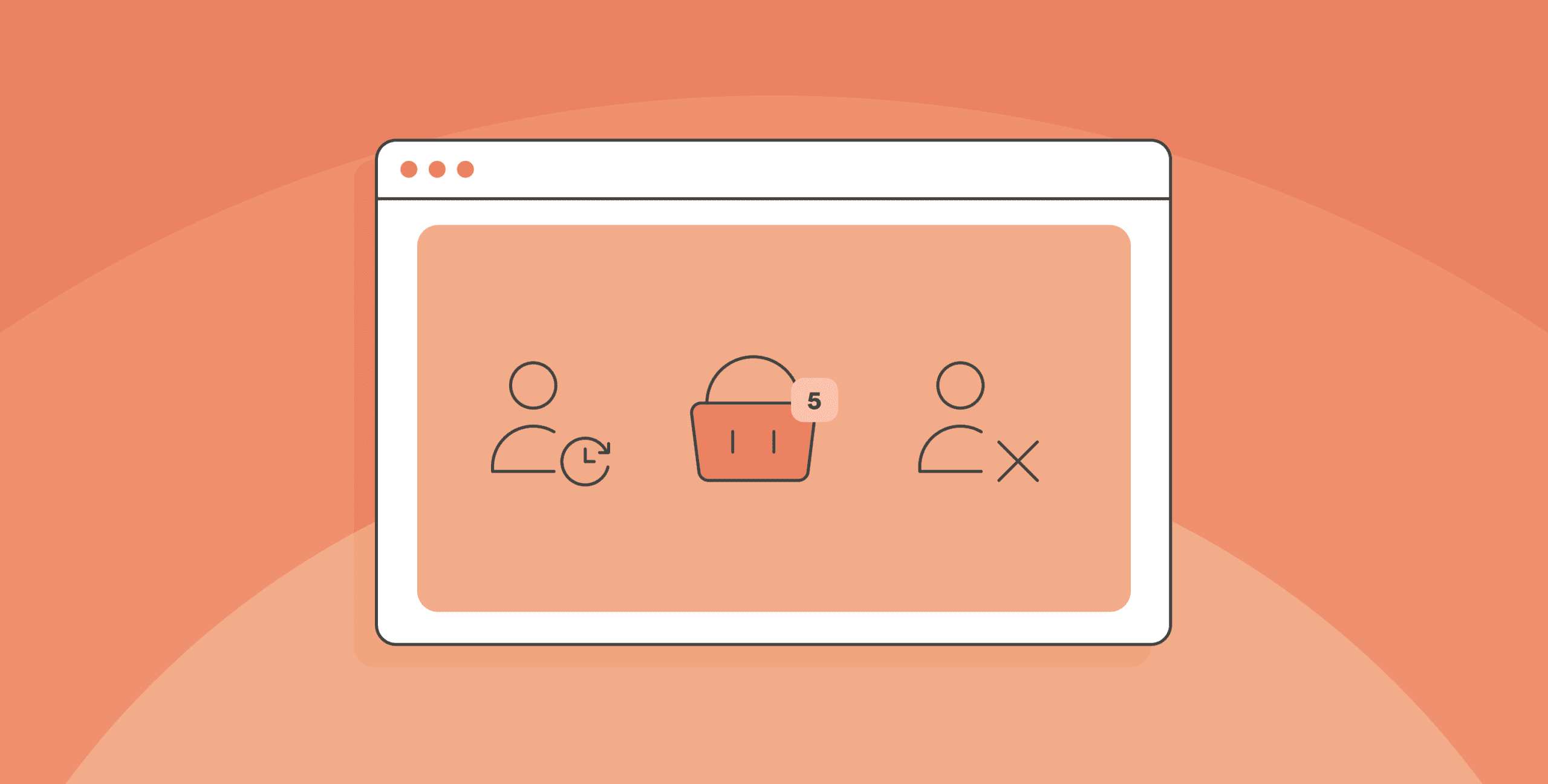 Minimal illustration of an online shopping or competition entry interface, featuring user icons, a basket with notification badge, and customer retention symbols on an orange background.