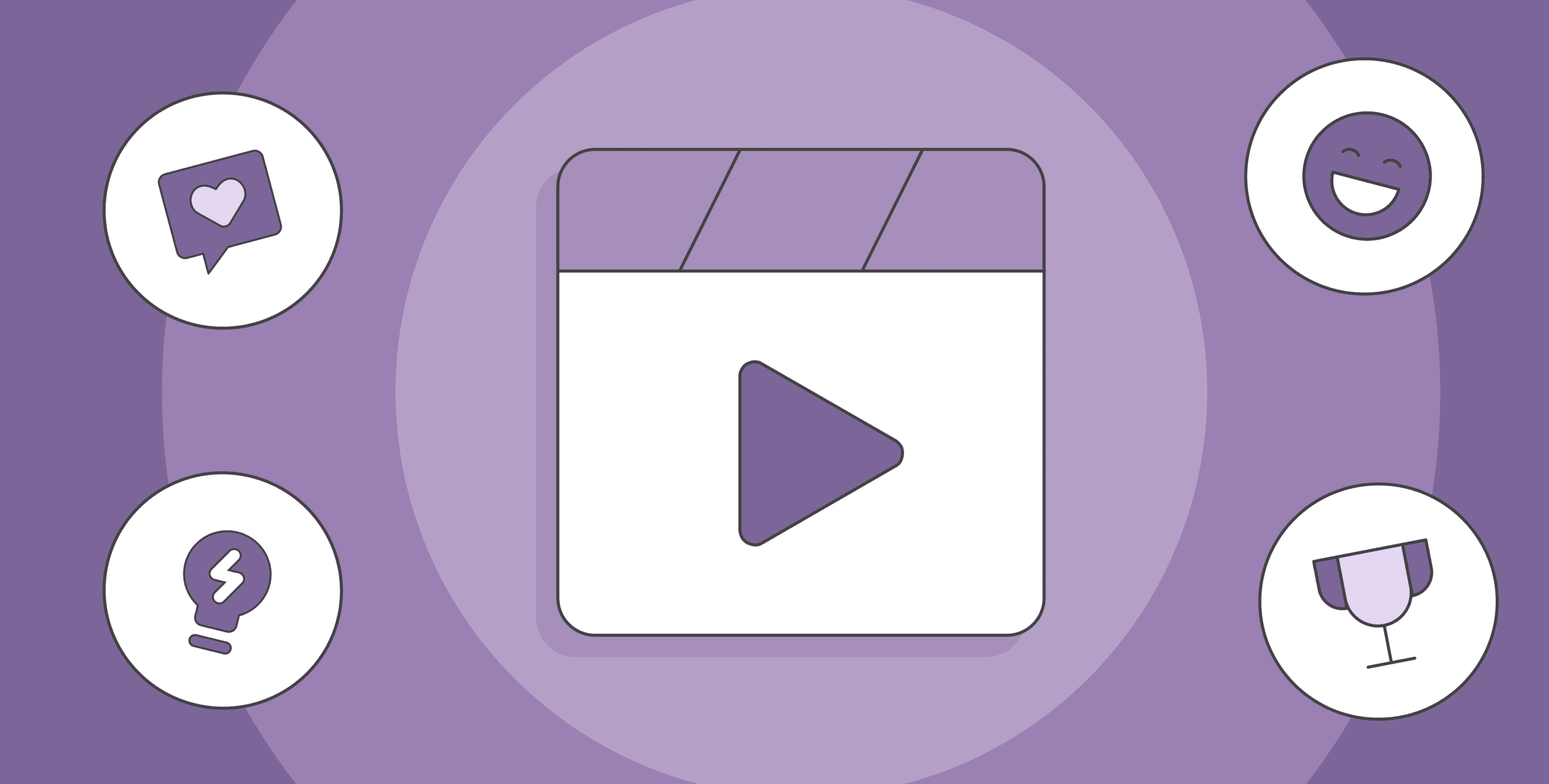 Purple background, with a 'play' icon at the centre. Surrounding it are other icons. On the left, there's a lightbulb with a lightning symbol in the middle, and a message bubble with a heart. On the right, a smiley face and a trophy.
