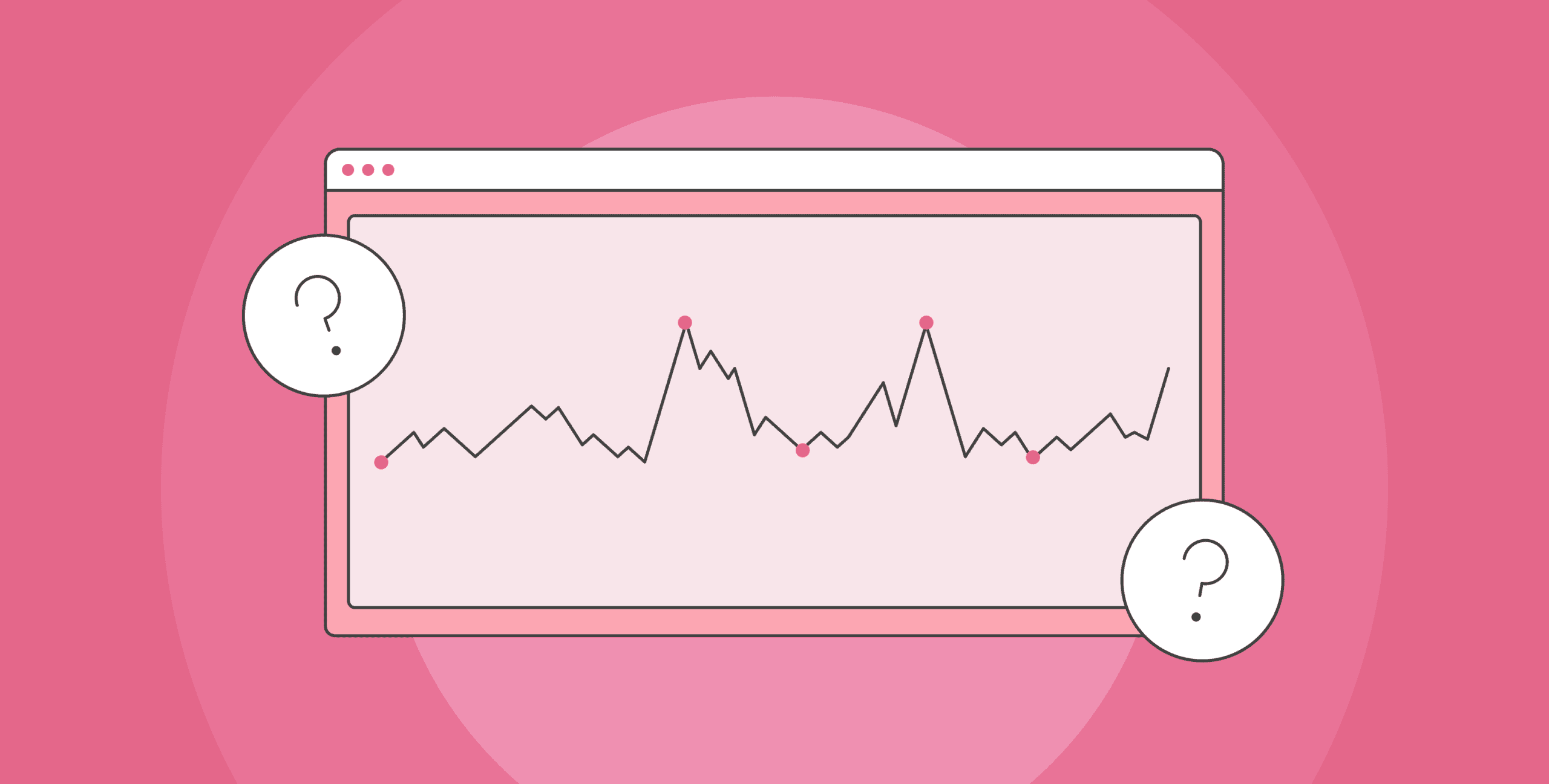Pink background, with a light pink web browser in the middle. On it is a line graph, which goes up and down, and two question marks.